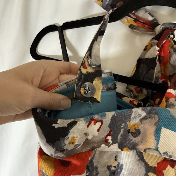 Hitherto Anthropologie Dress Women's 14 Blue Red Floral Zip Back Sleeveless Tie - Picture 6 of 14